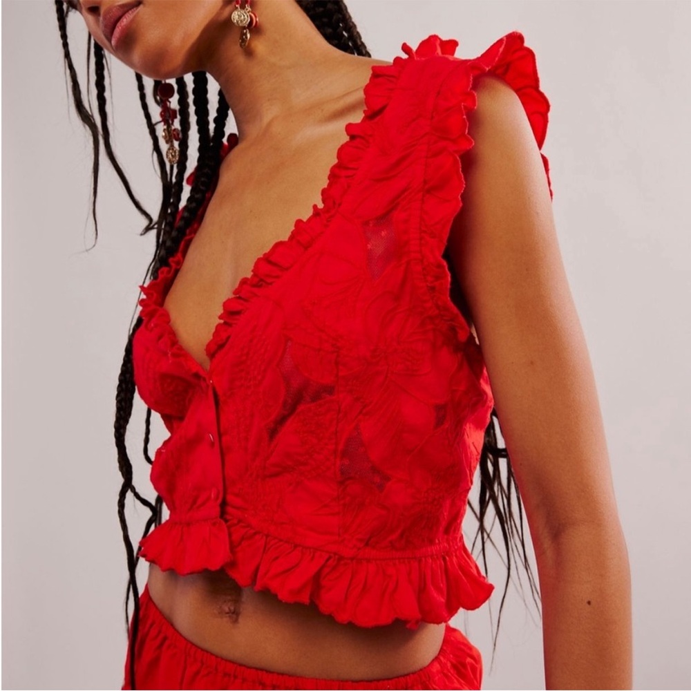 Free People All The Ways Red Ruffle Crop Top XS NWT